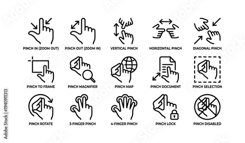 Pinch gesture icon set: zoom, rotate, lock, disable, frame, magnifier, map, document