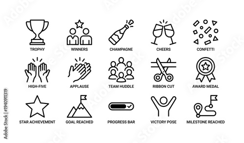 Icons of celebration and achievement with trophies and awards