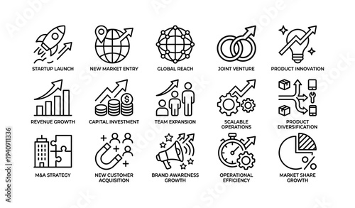 Business icons: startup, innovation, global expansion, and market strategies