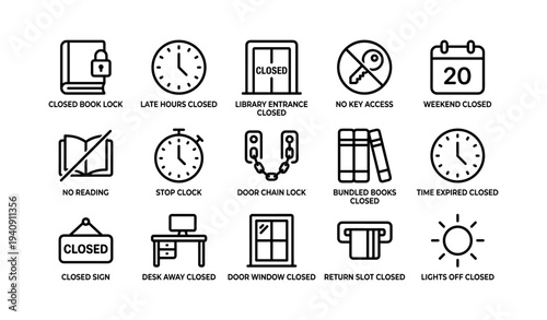 Library and access restrictions icons - closed, no key, weekend, time expired