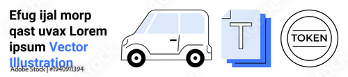 Transportation systems, digital documentation, crypto tokens, smart systems, mobile applications, blockchain technology. Car, text document icons and token element imagery. Transportation and crypto