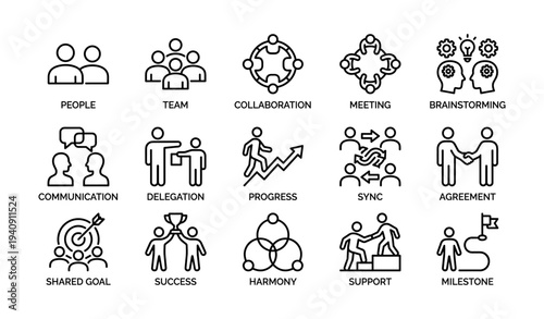 Icons representing teamwork, collaboration, communication, and success concepts