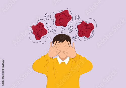 Man covering eyes, feeling overwhelmed. Mental health concept.