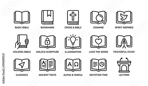 Icon set representing bible study activities and religious themes
