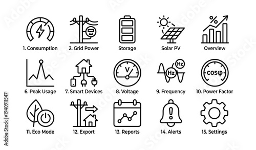 Energy management icons: power, grid, storage, renewable, efficiency