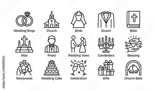 Wedding icons set: rings, church, bride, groom, bible, altar, priest, cake, vows, celebration