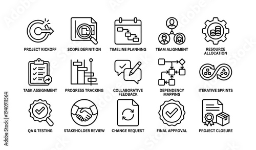 Project management icons: planning, tracking, feedback, sprints, testing