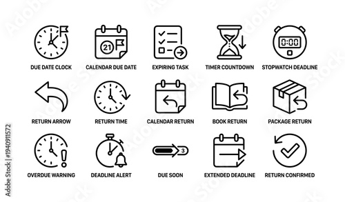 Deadline and return icons collection for task management and time tracking