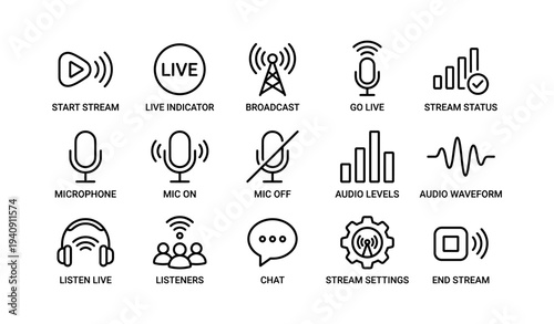 Live streaming icons: microphone, broadcast, audio levels, chat, stream settings