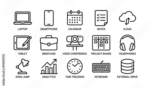 Office essentials: laptop, smartphone, calendar, notes, cloud storage, and more icons
