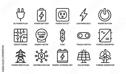 Energy devices and symbols: power outlets, solar panels, circuit boards, and more