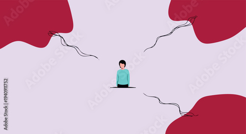 Minimalist person surrounded by abstract forms. Calm illustration. Conceptual graphic. Modern design.