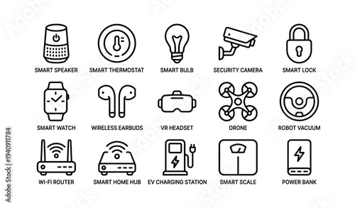 Smart home devices icons: speaker, thermostat, bulb, security, lock, watch, earbuds, vr, drone, vacuum, router, hub, charging, scale, power bank
