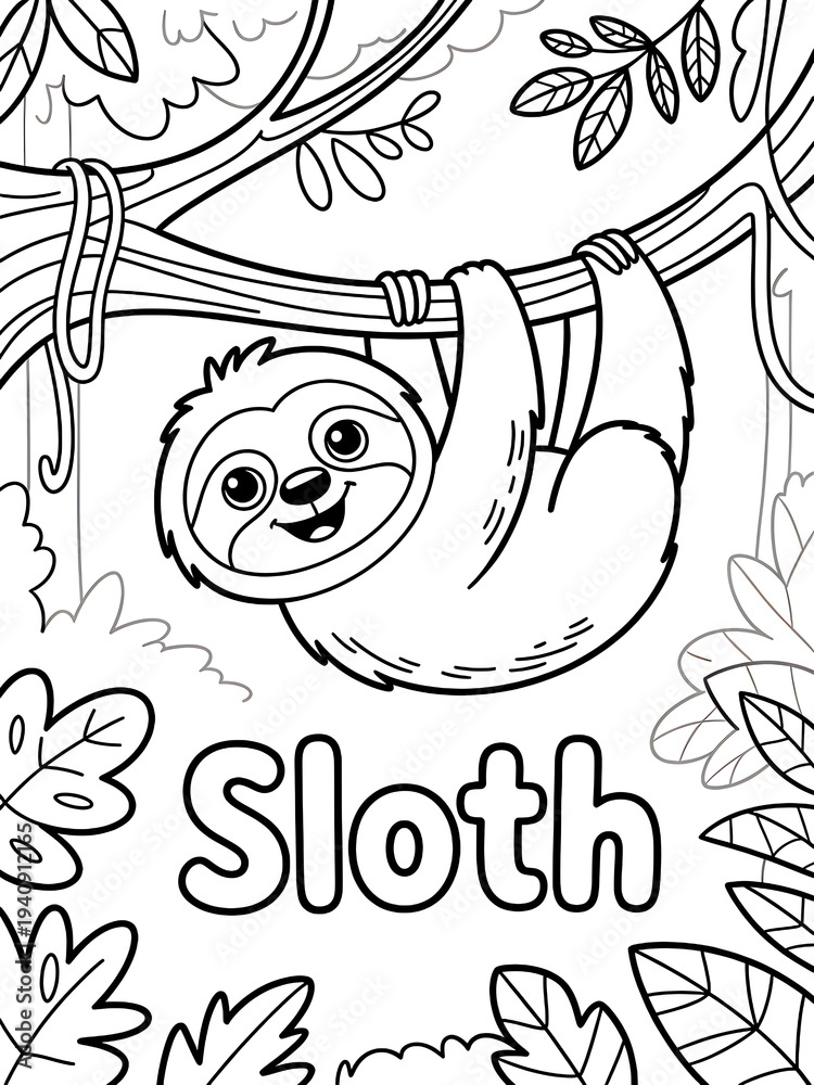 Naklejka premium Cute Cartoon Sloth Hanging in Jungle: Fun Coloring Page for Children with Playful Wildlife and Nature Adventure