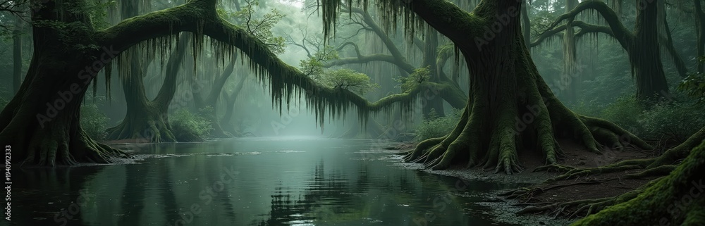 Obraz premium Misty swamp forest with large ancient trees covered in moss hanging over calm dark water. Overgrown roots grip the wet muddy ground. Rich green vegetation thrives in humid air.
