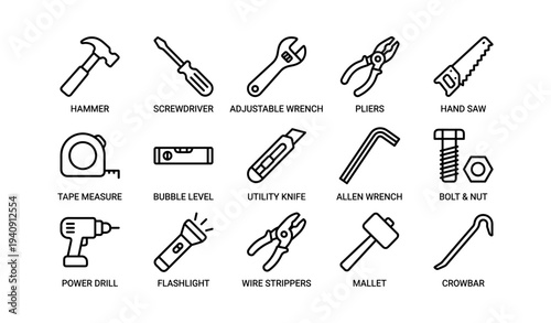 Collection of common hand tools icons featuring hammer wrench screwdriver pliers and more