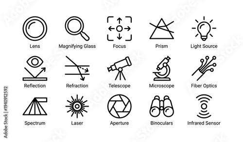 Optics and light science icons collection: lens, telescope, microscope, laser, prism