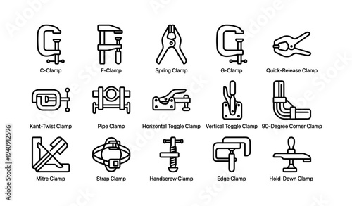 Various types of clamps for woodworking and metalworking projects