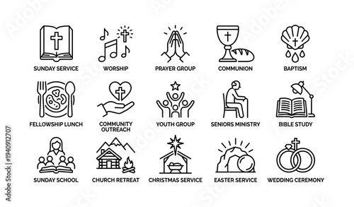 Illustrated christian church activities icons including worship and community outreach