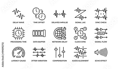 Network and audio signal delay icons set