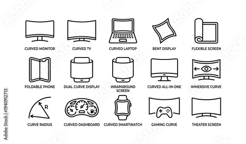 Curved and flexible display icons: monitor, tv, laptop, phone, smartwatch