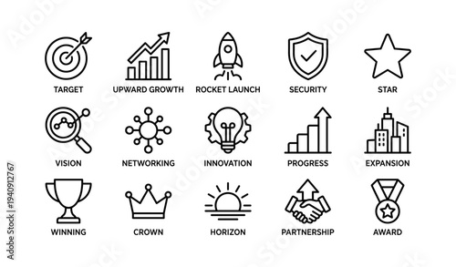 Business success icons: growth, innovation, security, achievement, leadership