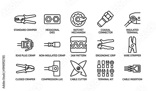 Vector icons of electrical tools including crimpers, connectors, and strippers