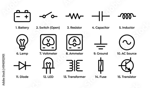 Electrical symbols chart: battery, switch, resistor, capacitor, inductor, lamp, voltmeter, ammeter