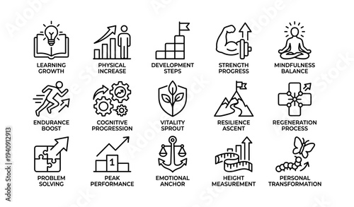 Icons representing personal growth and development processes in various aspects of life