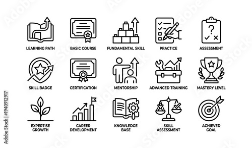 Skill development icons set for learning and professional growth tools