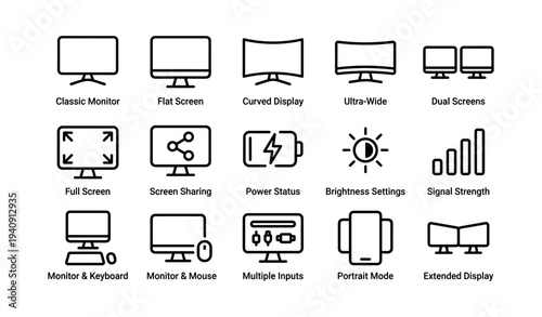 Variety of display icons: monitors, screens, and devices for modern technology