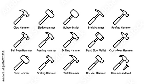Various hammer types illustrated: claw, sledgehammer, mallet, brick, roofing, ball peen, framing, drilling
