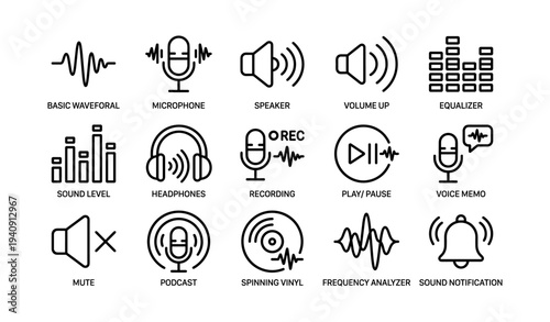 Audio icon set: microphone, headphones, speaker, podcast, sound wave symbols
