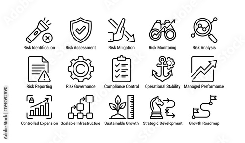 Icons depicting risk management strategies and business growth concepts