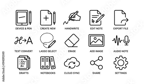 Digital tools icons for note-taking and file management