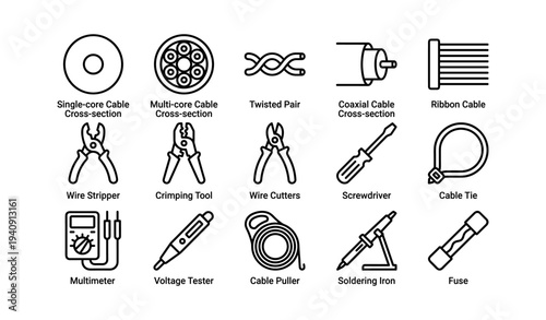 Various electrical tools and cable cross-sections illustration
