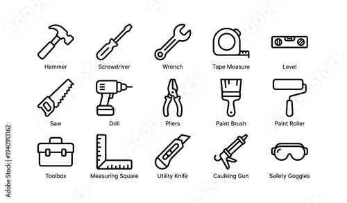 Essential hand tools icons: hammer, screwdriver, wrench, tape measure, level, saw, drill