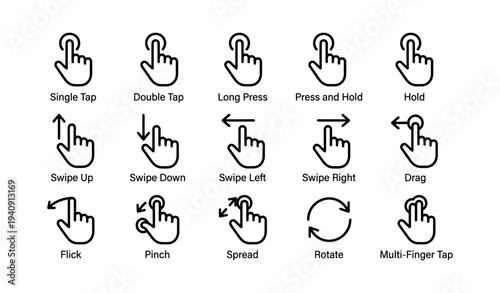 Gesture icons: tap, swipe, pinch, rotate for touchscreen interaction