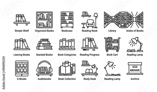 Library icon set featuring books, shelves, reading areas, lamps, and audiobooks