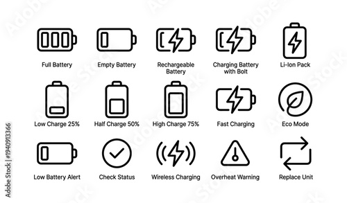 Battery icons: charging, full, low, wireless, li-ion pack, eco mode, replacement