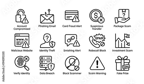 Cybersecurity threats icons: protecting against scams and data breaches