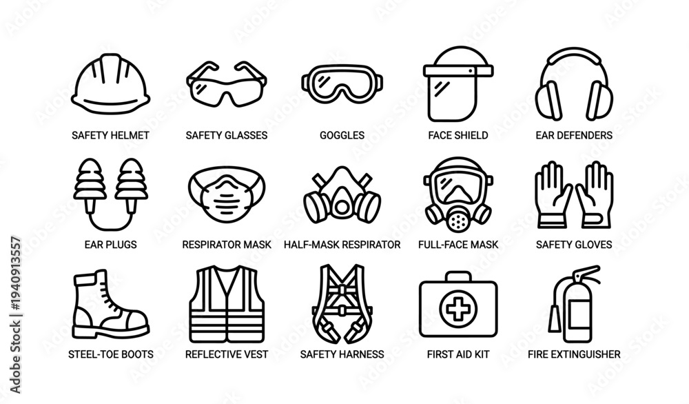 Fototapeta premium Essential safety equipment icons: helmet, goggles, respirator, gloves, vest, kit