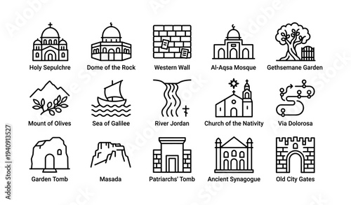 Icon set: jerusalem landmarks - dome, western wall, al-aqsa, gethsemane, masada