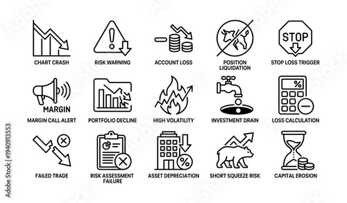 Financial crisis icons: chart crash, risk warning, account loss, volatility