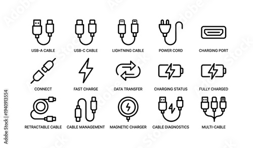 Selection of charging cables and power icons for electronic devices