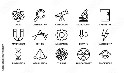 Science icons featuring atom magnet optics telescope beaker microscope