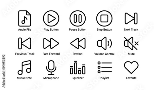 Audio and playback icon set: play, pause, stop, volume, music, microphone, favorite