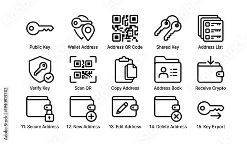 Crypto wallet icons set: keys, qr codes, addresses, wallet, security