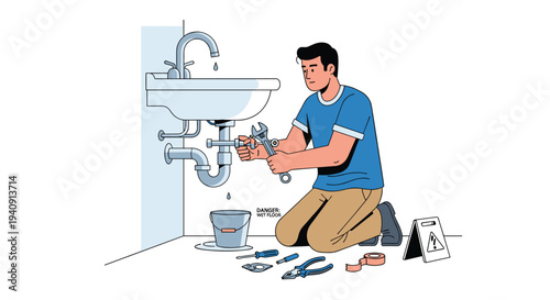 A male plumber is kneeling on the floor, diligently repairing a leaky sink with a wrench, surrounded by tools and a bucket.