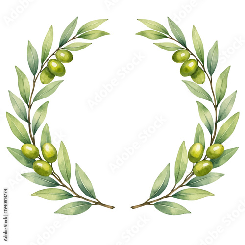 A delicate watercolor olive branch wreath with soft green leaves and light green olives arranged in a natural circular botanical frame.